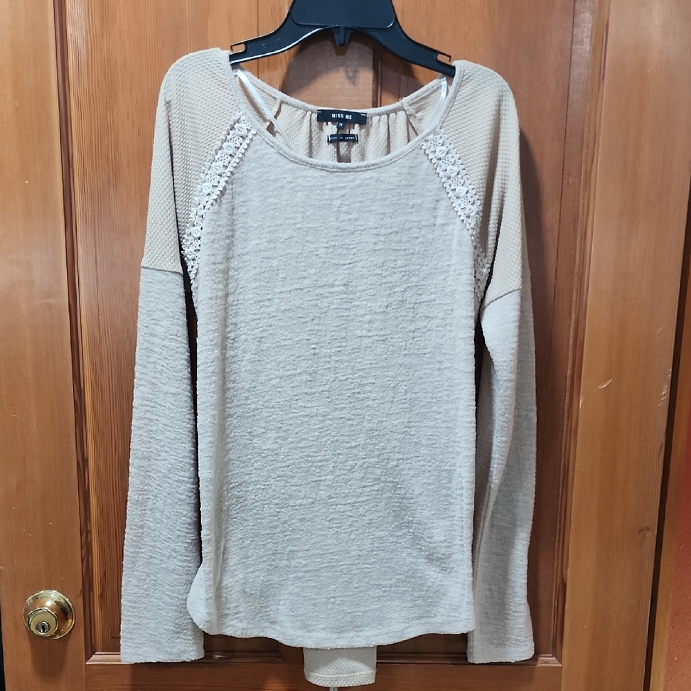 Miss Me Beige Long Sleeve Top with Lace Detail Sz M